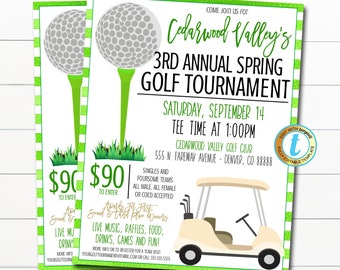 May include: Two flyers for the Cedarwood Valley's 3rd Annual Spring Golf Tournament. The design features golf balls on tees, a golf cart, and text including the date, time, and location. The flyers have a green and white striped border.