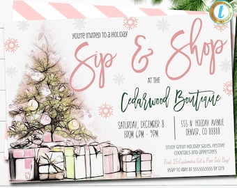May include: A pink and green invitation to a holiday Sip & Shop event at Cedarwood Boutique. The invitation features a watercolor illustration of a Christmas tree with presents underneath. The event is on Saturday, December 8th from 6pm to 9pm at 555 N. Holiday Avenue, Denver, CO 88888. The first 25 customers will receive a free tote bag. RSVP to Amy at 555.555.5555 by 12/9.