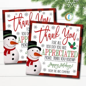 Christmas Thank You Gift Tags, Teacher Staff Employee Nurse Volunteer Staff Holiday Appreciation Tag, School pto pta DIY Editable Template