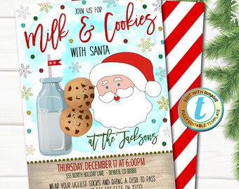 May include: A Christmas party invitation with a blue watercolor background featuring Santa Claus, milk, and cookies. The text reads "Join us for Milk & Cookies with Santa at the Jacksons. Thursday, December 17 at 6:00 PM. 555 North Holiday Lane - Denver, CO 88888. Wear your ugliest socks and bring a dish to pass. RSVP to Amy at 555.555.5555 by 12/12."