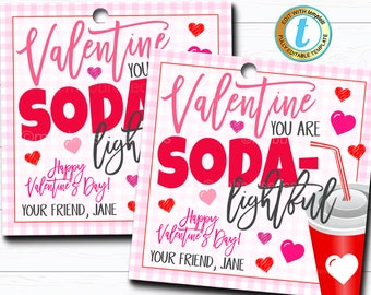 Peut inclure: Deux étiquettes cadeaux de la Saint-Valentin à motif vichy rose et blanc avec le texte "Valentine You Are Soda-Lightful" et "Valentine You Are Soda-Lightful" avec des cœurs et un graphique de tasse de soda rouge et blanc.