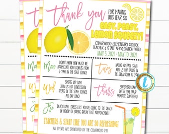 May include: A yellow and pink printable teacher appreciation week schedule with the text "Thank you for making this year so easy, peasy, lemon squeezy!" and a lemon graphic. The schedule includes daily activities for the week of May 5th to May 10th, 2021.
