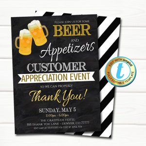 Bewerkbare waardering uitnodiging, klant klant dank u evenement, bier & hapjes leraar personeel feest uitnodigt, INSTANT DOWNLOAD sjabloon