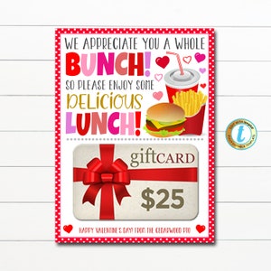 Titular de la tarjeta de regalo de comida rápida del Día de San Valentín, empleado del personal, enfermera, maestro, agradecimiento, muchas gracias, así que disfrute de un almuerzo, plantilla editable