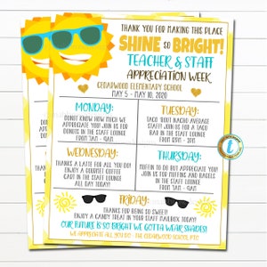 May include: A printable teacher appreciation week schedule with a yellow and white checkered background. The schedule features a bright yellow sun with sunglasses and the text "Shine So Bright! Teacher & Staff Appreciation Week". The schedule lists daily activities for each day of the week, including donuts, tacos, coffee, muffins, and candy treats.