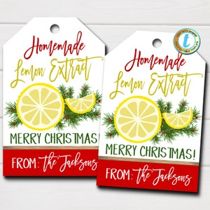 Etiquetas de regalo de extracto de limón de Navidad, etiqueta de regalo de regalo de cocina casera navideña, etiqueta de Navidad del personal de maestros secretos de Santa, plantilla editable de bricolaje