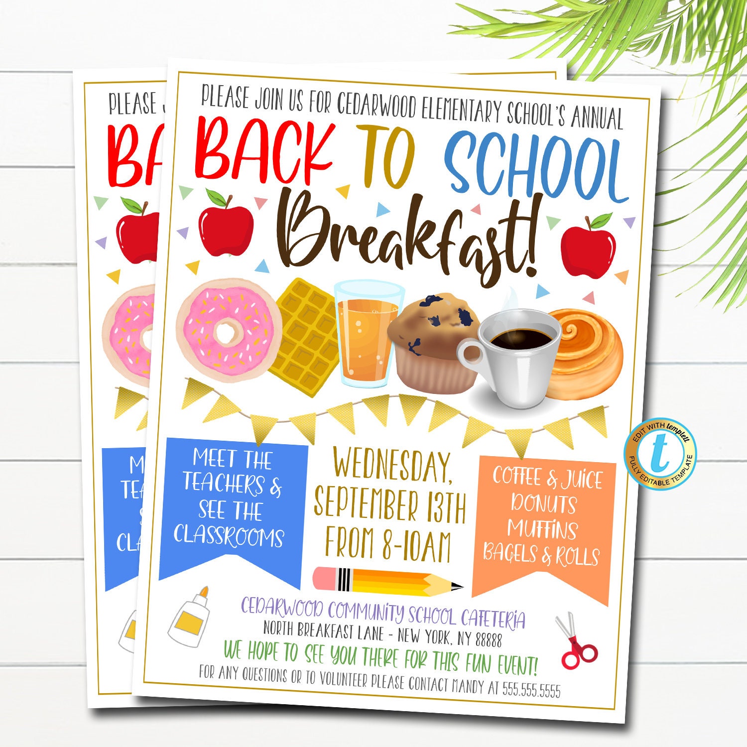 EDITABLE Back to School Breakfast, Printable PTA Flyer, School Breakfast Parent Appreciation Fundraiser Open House Printable Digital Invite