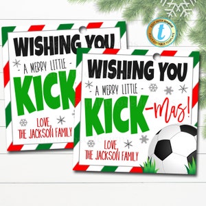 Fußball-Weihnachtsgeschenk-Anhänger, Junge-Kinder-Sport-Fußball-Feiertagskarte, Geschenk, das Ihnen einen fröhlichen Kick-mas wünscht, DIY druckbare bearbeitbare Vorlage