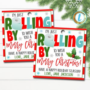 Etichetta regalo di carta igienica di Natale, passando per dire buon Natale, etichetta regalo per le vacanze del personale del collega amico vicino, modello modificabile fai da te