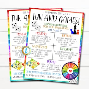 Teacher Appreciation Week Itinerary, Thanks for Making Learning Fun and Board Games Theme, Schedule Events Printable, DIY EDITABLE TEMPLATE