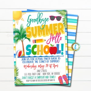 Invitación a la fiesta de fin de verano, Adiós fiesta escolar de verano Hola, Invitación digital imprimible, Splash de patio trasero de regreso a la escuela, EDITABLE