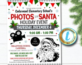 May include: A printable flyer for a Photos with Santa holiday event at Cedarwood Elementary School. The flyer features a black and white illustration of Santa Claus, a film camera, and the text "Photos with Santa Holiday Event" in red and white. The event is scheduled for Thursday, 4th December from 9:00 AM to 1:00 PM. The flyer also includes the school's address and information about free snacks, live music, and a visit from the elves.