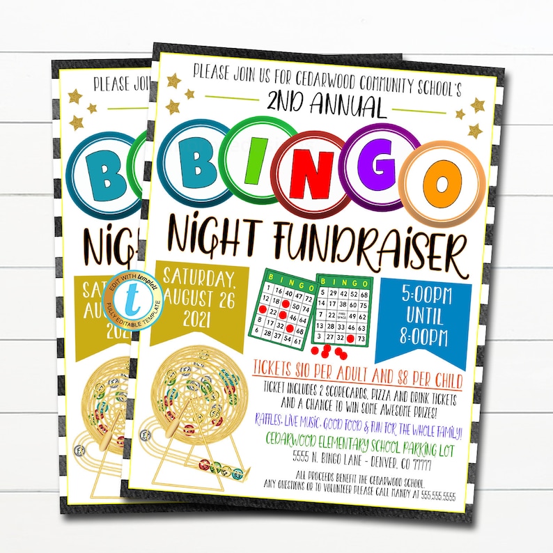 May include: A colorful invitation for a 2nd annual Bingo Night Fundraiser at Cedarwood Community School. The event will be held on Saturday, August 26, 2021, from 5:00 PM to 8:00 PM. Tickets are $10 per adult and $8 per child. The event will include raffles, live music, good food, and fun for the whole family. The event will be held at the Cedarwood Elementary School parking lot, located at 5555 N. Bingo Lane, Denver, CO 77777. All proceeds benefit the Cedarwood School. For any questions or to volunteer, please call Manny at 555.555.5555.