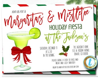 Inbjudan till julfest med margaritas och mistel, julfest, cocktailparty, redigerbar mall, gör-det-själv-redigering för nedladdning