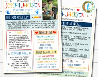Back to School All About Me Child Info Template Teacher/Therapist/Substitute Special Needs, Autism, Speech Disorder, ADHD, EDITABLE TEMPLATE