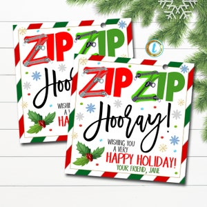 Etiquetas de presente com zíper de Natal, Zip Zip Hooray, etiqueta de feriado sem doces para brinquedos, escola de sala de aula Pto Pta professor crianças namorados, modelo editável