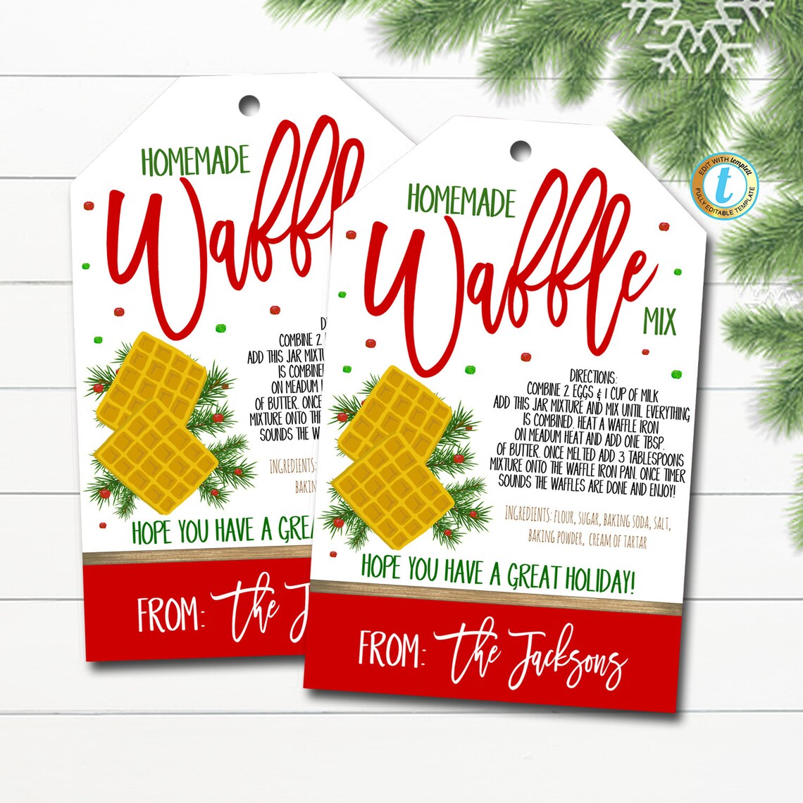 Waffle Label Christmas Gift Tags, Waffle Mix Recipe Tag, Holiday Teacher Staff ...