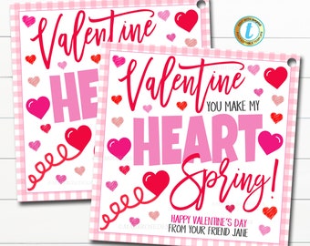Valentine Gift Tags, You Make My Heat Spring, Friendship Kids Classroom Toy, Teacher School Card Tag Idea, DIY Editable Template