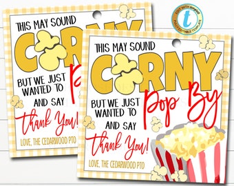 Popcorn Gift Tag, Volunteer Teacher Staff Employee School pto pta Appreciation Week Gift, Poppin By to Say Thank You, DIY Editable Template