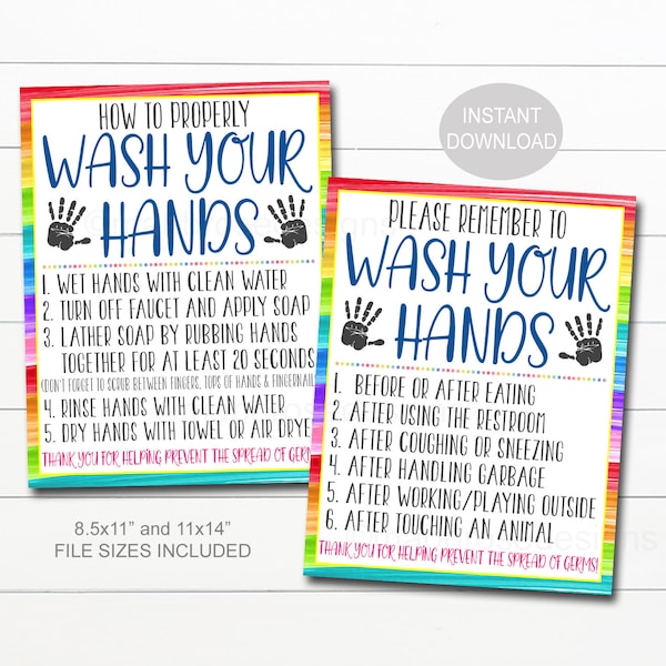 Wash Your Hands Sign Set, School Health Safety Guidelines and Virus Sanitizing Hand Washing Rules Poster Digital Printable Instant Download