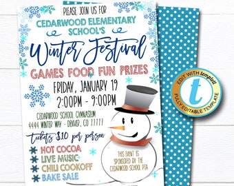 May include: A blue and white invitation for a Cedarwood Elementary School Winter Festival. The invitation features a snowman with a black top hat and a blue scarf. The event is on Friday, January 19th from 2:00 PM to 9:00 PM at the Cedarwood School Gymnasium. Tickets are $10 per person. The event includes hot cocoa, live music, a chili cookoff, and a bake sale. The event is sponsored by the Cedarwood School PTA.