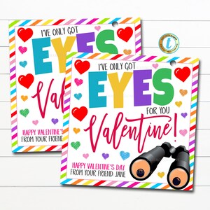 Etiquetas de regalo de San Valentín, sólo tengo ojos para ti, ojos saltones espía binoculares amistad niños aula escuela tarjeta etiqueta idea, plantilla editable