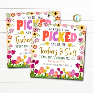 May include: Two colorful floral teacher appreciation gift tags with the text "We couldn't have picked any better teachers & staff. Thanks for everything you do! We appreciate you! Love, The Cedarwood Elementary School PTO"