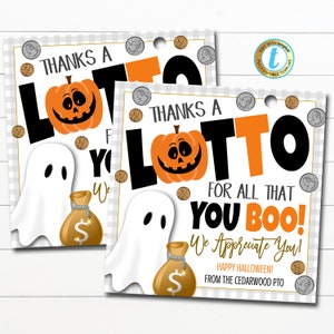 Etykiety na prezenty na loterię Halloween, Dziękuję loterii za wszystko, co BOO, Prezent na jesienną wdzięczność dla nauczyciela, pielęgniarki, edytowalny szablon DIY