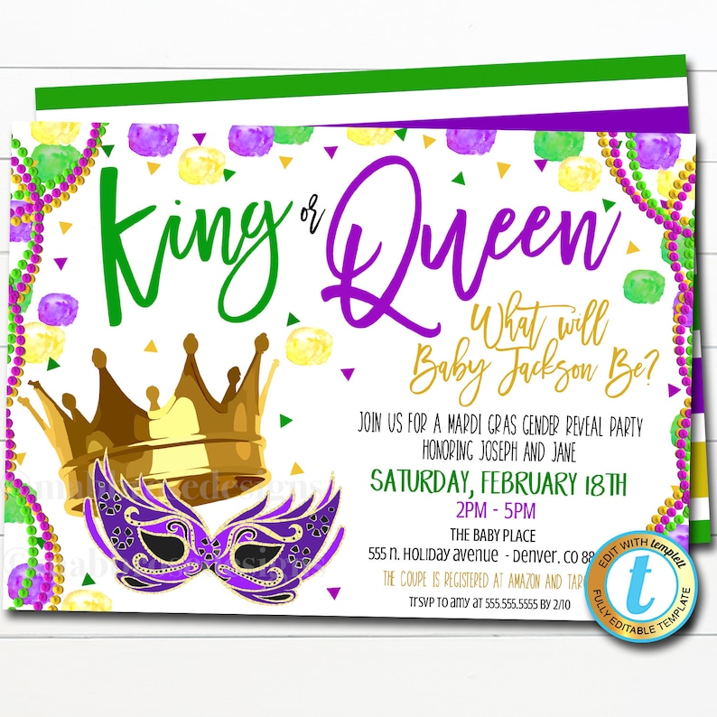 Mardi Gras Gender Reveal Invitation King or Queen Fat Etsy UK