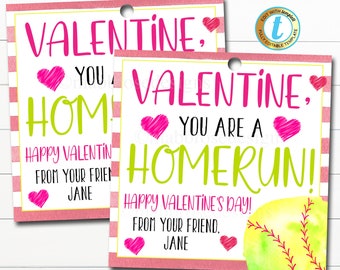 May include: Two pink and white striped Valentine's Day gift tags with a baseball theme. The text on the tags reads "Valentine, You Are A Homerun! Happy Valentine's Day! From Your Friend, Jane".