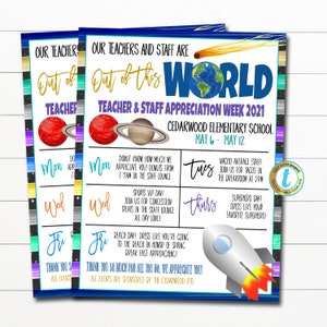 Outer Space Teacher Appreciation Week Itinerary, You're Out of This World, Staff Employee Volunteer Schedule Events, DIY EDITABLE TEMPLATE