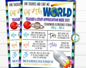Outer Space Teacher Appreciation Week Itinerary, You're Out of This World, Staff Employee Volunteer Schedule Events, DIY EDITABLE TEMPLATE