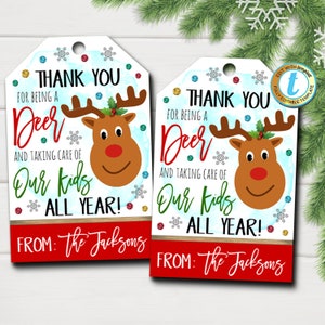 Étiquettes de cadeau de Noël, merci d'être un cerf prenant soin de nos enfants toute l'année, personnel enseignant merci étiquette de vacances, modèle modifiable bricolage