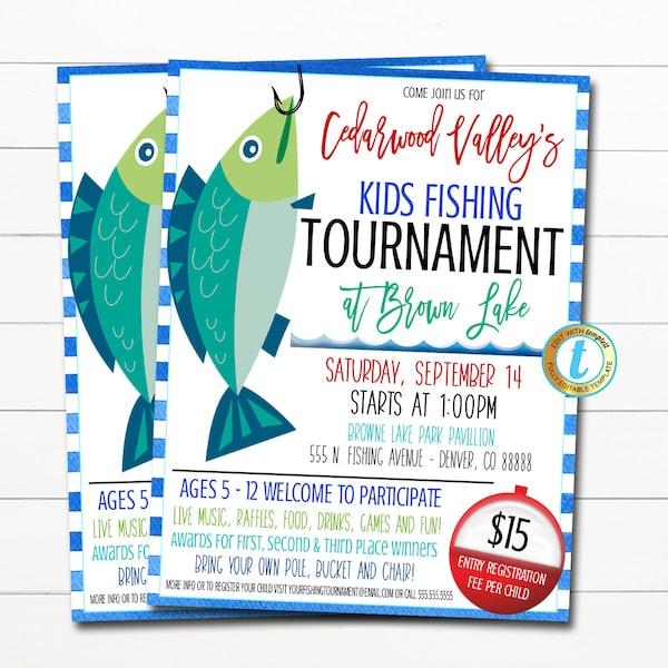 Fishing Tournament Invitation, Summer Camp Lake Kids Fishing Derby Flyer, Trophy Sports Tournament Printable, DIY EDITABLE TEMPLATE