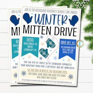 Winter Mitten Drive Flyer, Printable Pta Pto Flyer, School Church Fundraiser Invite, Nonprofit Charity Community Donations EDITABLE TEMPLATE