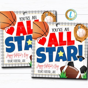 All Star Sports Valentines, Boy Ball Valentine Card Gift Classroom Party School, Teacher Staff Valentine Tag Modello stampabile modificabile fai da te