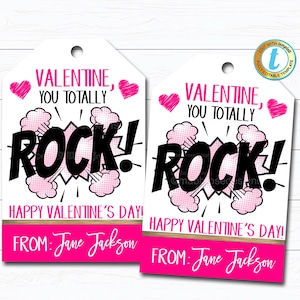 Etiquetas de presente de Valentine You Rock, namorada de namorada, etiqueta de doces de rock em sala de aula, funcionários de professores de escola de música, modelo editável DIY