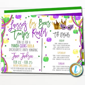 Mardi Gras Bachelorette Weekend Itinerary Party Invitation, New Orleans Fat Tuesday Beads and Booze Bridal NOLA Invite DIY Editable Template