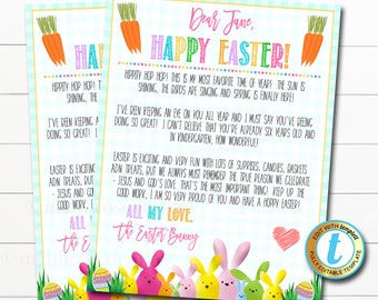 Carta de la plantilla del conejito de Pascua, búsqueda de cesta de cartas sorpresa de la mañana de Pascua para niños imprimibles, plantilla editable de descarga instantánea de bricolaje