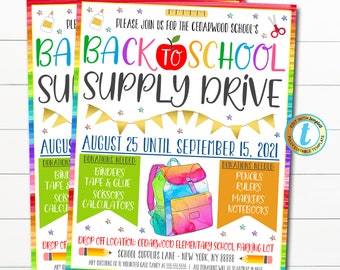 May include: A colorful flyer with a rainbow background and a cartoon backpack. The flyer advertises a back-to-school supply drive for Cedarwood Elementary School. The drive will take place from August 25th to September 15th, 2021. The flyer lists the following items needed: binders, tape and glue, scissors, calculators, pencils, rulers, markers, and notebooks. The flyer also includes the drop-off location: Cedarwood Elementary School Parking Lot, School Supplies Lane, New York, NY 88888.