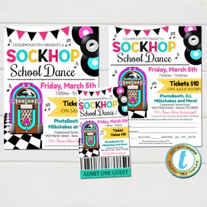 Sock Hop School Dance Set 50er Jahre Thema Schultanz, Kirche Pto Pta, Kinder Fünfzigerjahre Jahrzehnte Dance Party Invite Flyer Ticket, EDITIERBARE Vorlagen