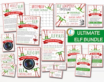 May include: A collection of printable elf on the shelf printables for Christmas. The printables include a welcome letter, elf rules, elf report cards, elf adoption certificate, elf recovery notice, and elf surveillance camera. The printables are decorated with red and green Christmas colors and feature elves with green hats and red shoes.