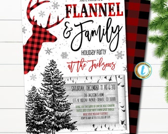 May include: A printable invitation for a "Flannel & Family" holiday party at the Jacksons' home on Saturday, December 11th at 6:30 PM. The invitation features a red and black plaid deer head, a snowy background, and a rustic woodgrain texture. The text includes the date, time, location, and a request to bring three of the same item and leave with three new items. Guests are encouraged to wear their holiday flannel.