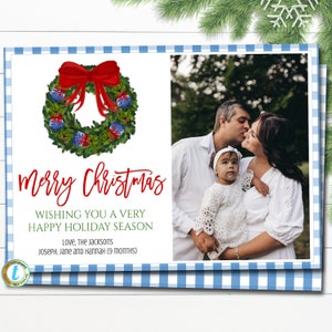 Plantilla de tarjeta fotográfica navideña, tarro de jengibre azul y blanco preppy navideño, invitación chic de chinoiserie sureña, cuadros navideños, descarga editable