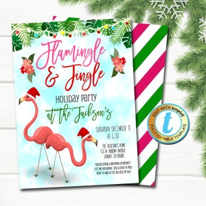 Christmas Invitation, Flamingo Flamingle and Jingle Party, Tropical Preppy Christmas in July Luau Beach Invite, Editable Template Download