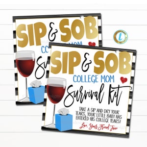 Sip and Sob Abitur Geschenkanhänger, Abitur bestanden, lustige Eltern Congrats Graduate Geschenkidee, Wein und Taschentuch Abschied DIY bearbeitbare Vorlage