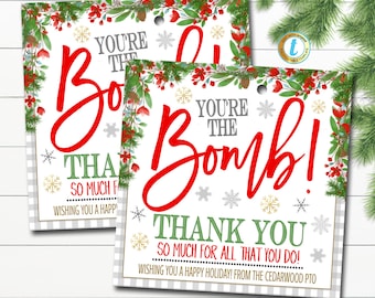 Christmas Appreciation Gift Tag, You're the Bomb, Teacher Employee Staff Nurse Gift, Holiday Bath Bomb Thank You Gift Tag, Editable Template