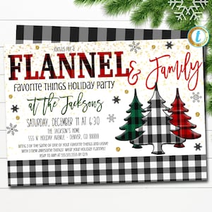Flannel and Family Holiday Party Invitation, Christmas Party Plaid Invitation, Xmas Potluck Dinner Cozy Pajamas Party, Editable Template