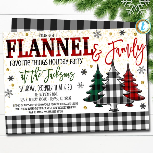 Flannel and Family Holiday Party Invitation, Christmas Party Plaid Invitation, Xmas Potluck Dinner Cozy Pajamas Party, Editable Template