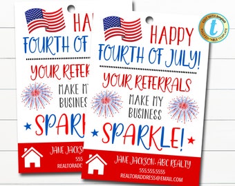 May include: Two red, white, and blue Fourth of July themed referral cards. The text on the cards reads "Happy Fourth of July! Your Referrals Make My Business Sparkle!" and "Happy Fourth of July! Your Referrals Make My Business Sparkle!" with a red, white, and blue American flag and fireworks graphic. The cards include a business name, phone number, and email address.